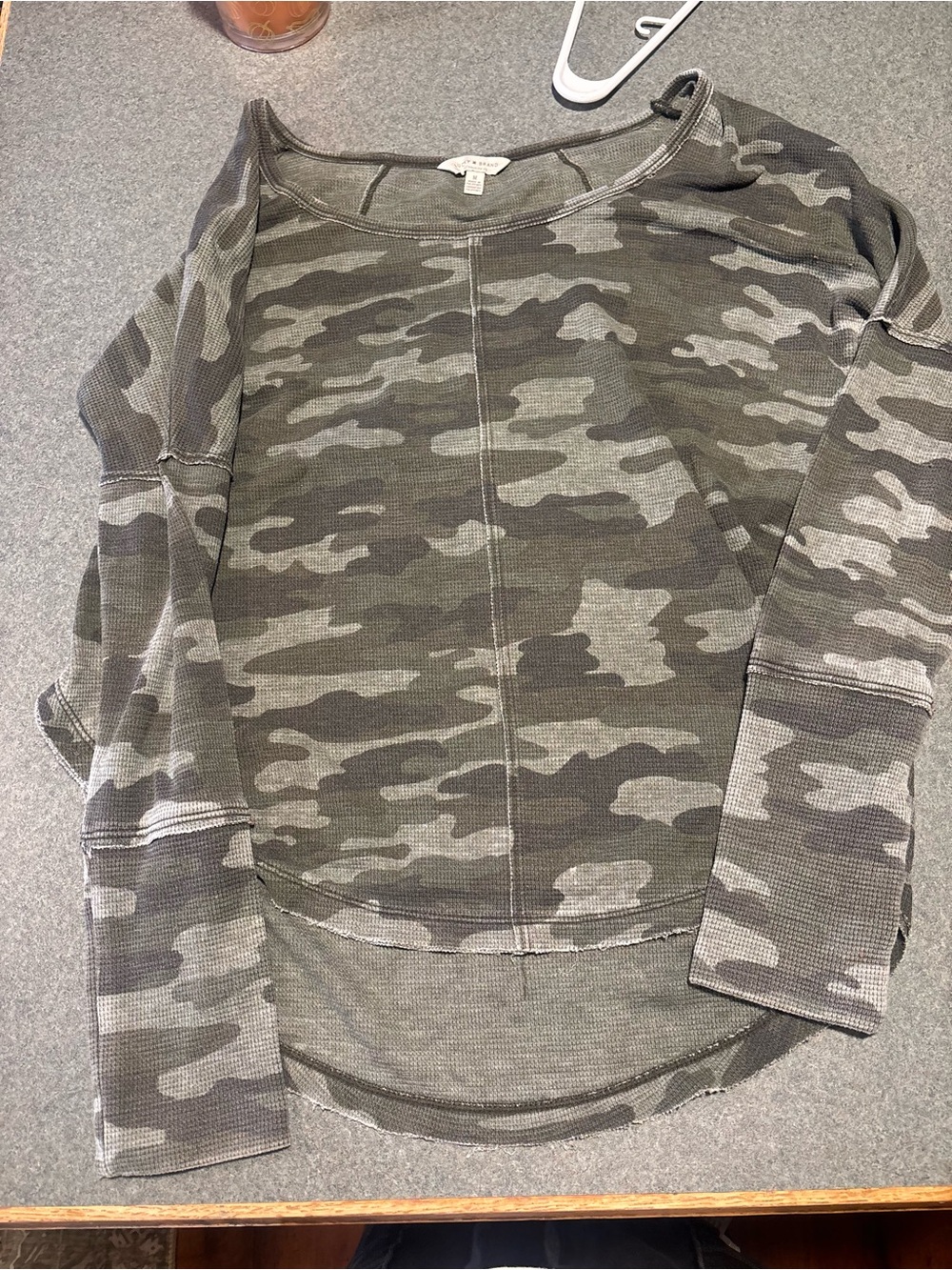 Lucky Brand Olive Green Camo Waffle-Knit Long Sleeve Top